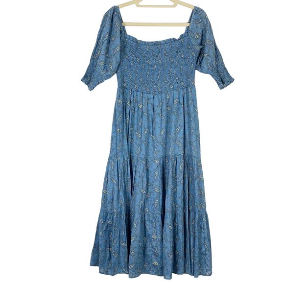 NWT SAKS FIFTH AVENUE Dress M Paisley On/Off Shoulder-Puff-Sleeve Smocked Tiered